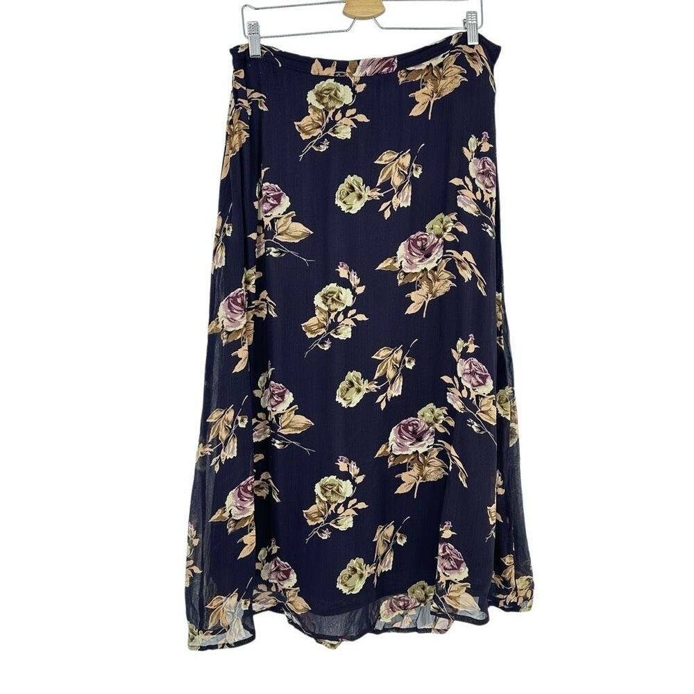 Vintage Women’s Chiffon Midi Skirt Size 1X Brown Cream Lined Floral Feminine